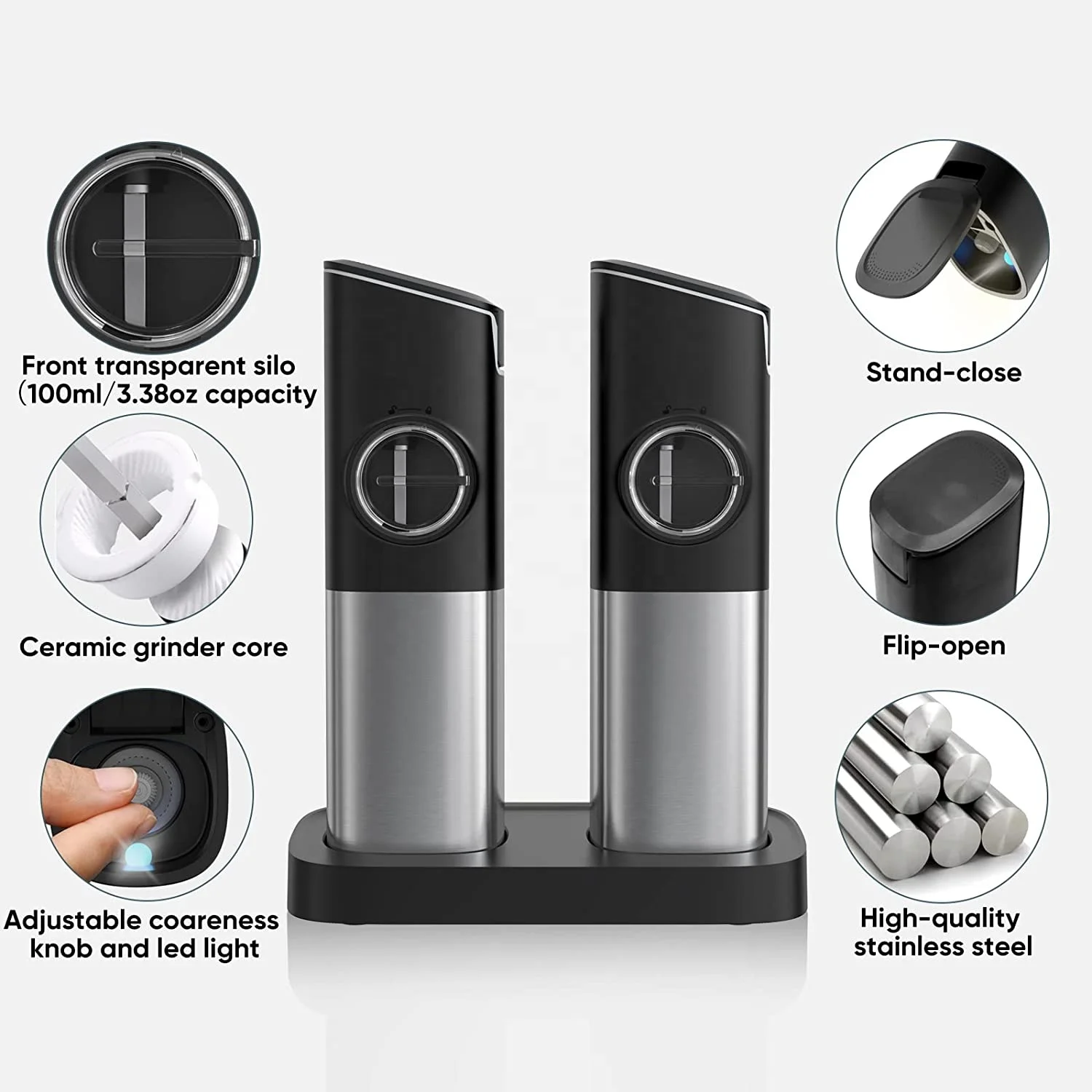 Автоматическое ленточное крышками светодиодные мельница для перца USB Перезаряжаемый электрический набор мельниц соли и с двойное зарядное
