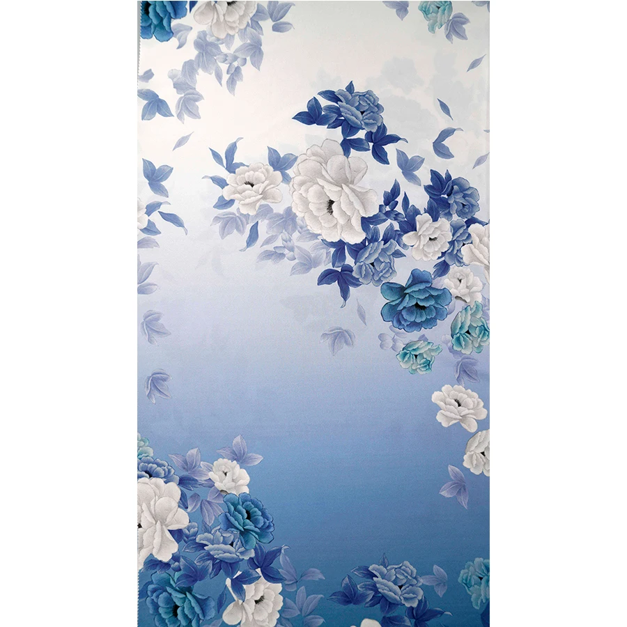 Custom Printed 100% poly Blue and White Vintage Floral Digital Print Silk Satin Fabric Textile for Abaya Dress