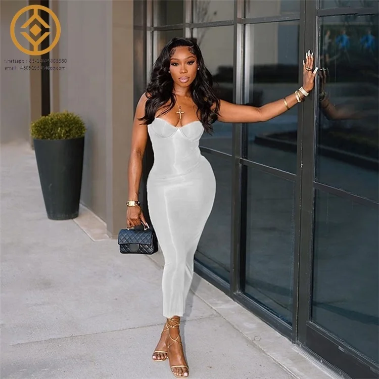 H9421C Elegant Solid Spaghetti Strap Sleeveless Maxi Dress Women Hipster Sexy Low Cut Backless Body-Shaping Robe 2023 Clubwear