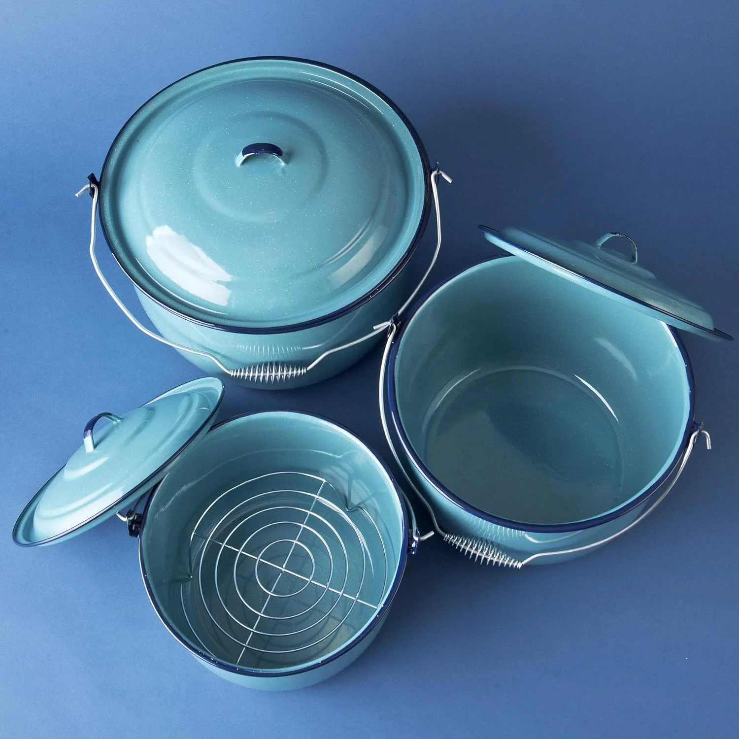 Pewter Bucket Juego Set De Ollas de Peltre Cinsa Bateria De Cocina Enamel Cookware 7 pieces 26/30/34cm convexa turquesa Pewter