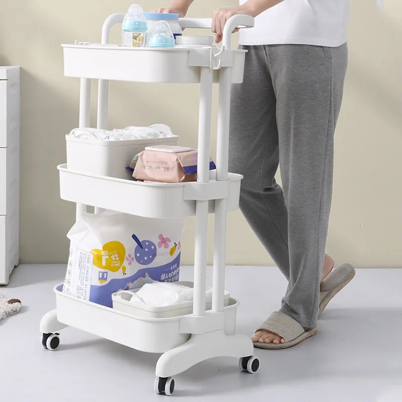 PP three shelves storage home garden multi-function trolley with wheel hand push Family small removable storage racks