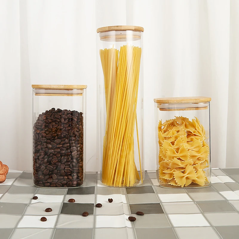 Factory Custom Tube Shaped Glass Bulk Food Containers Glass Spice Jar Cork Lid Borosilicate Glass Storage Jar With Bamboo Lid