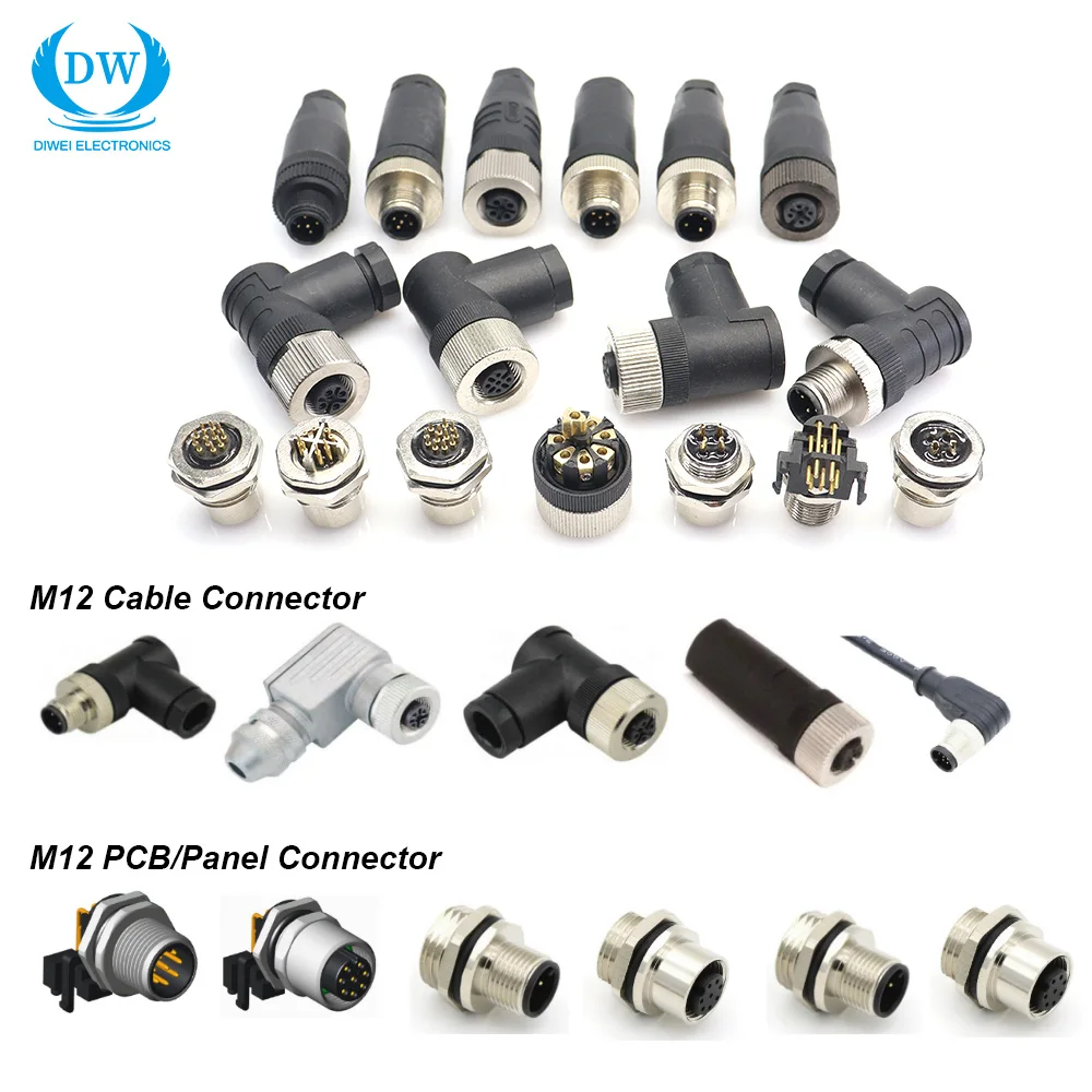 Factory M12 Solder Plastic Straight Angled Assembled Connectors 2 3 4 5 6 8 12 17Pins A B D Male Female PG7 PG9 Metal Connectors