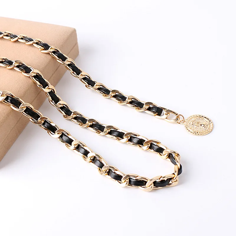 Single Layer Gold Ladies Black PU Dress Waist Chain Belt With Round Bead Heart Flower