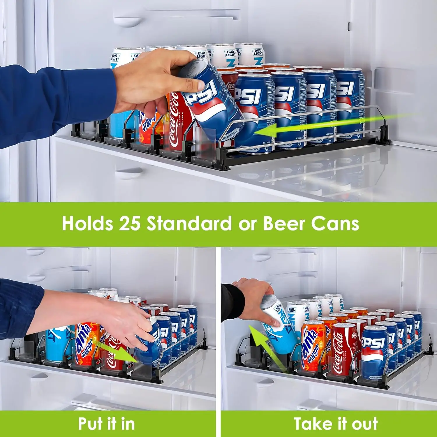 Automatically Glide Shelf Pusher System Black Refrigerator Beer Drinks Beverage Soda Can Dispenser