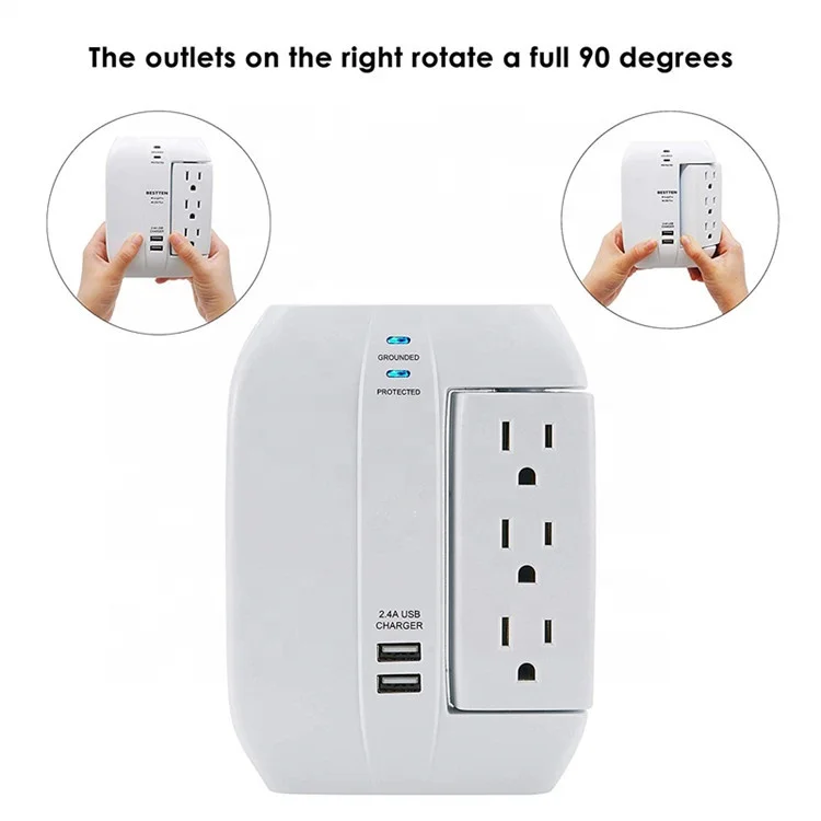 6 Outlet Swivel Space Saving 2 USB Port Surge Protector Wall Tap