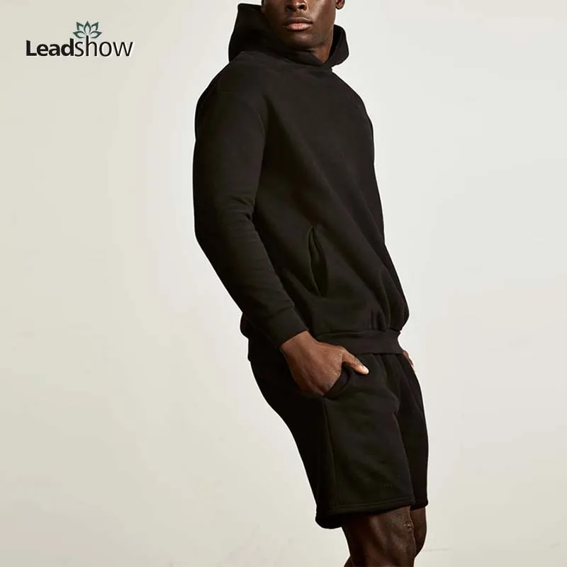 Wholesale Gym Plus Size Workout Tracksuit Organic Cotton Custom Logo Unisex Blank Clothing Hoodie Two Piece Shorts Sets Clothing