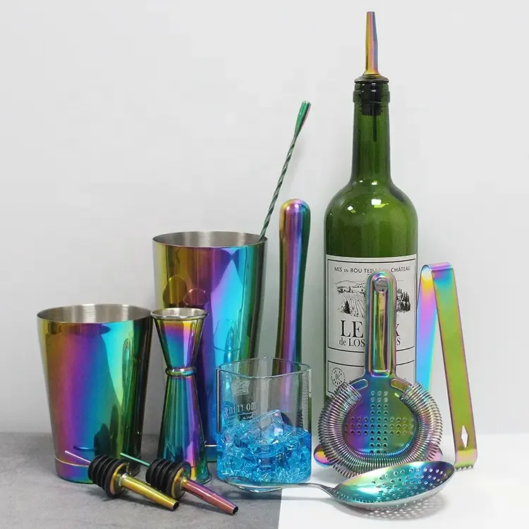 High Quality Unique Custom Logo Bar Colorful Plated Stainless Steel 10-piece Cocktail shaker set Bartender kit