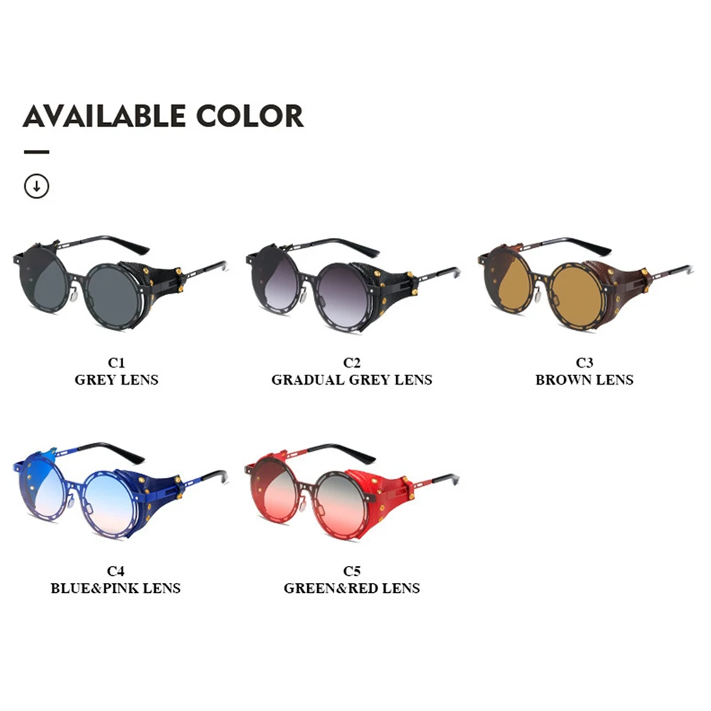 Vintage Leather Punk Sunglasses New Fashion Alloy Rivet Steampunk Sunglasses Male Round Eyewear Sunglasses