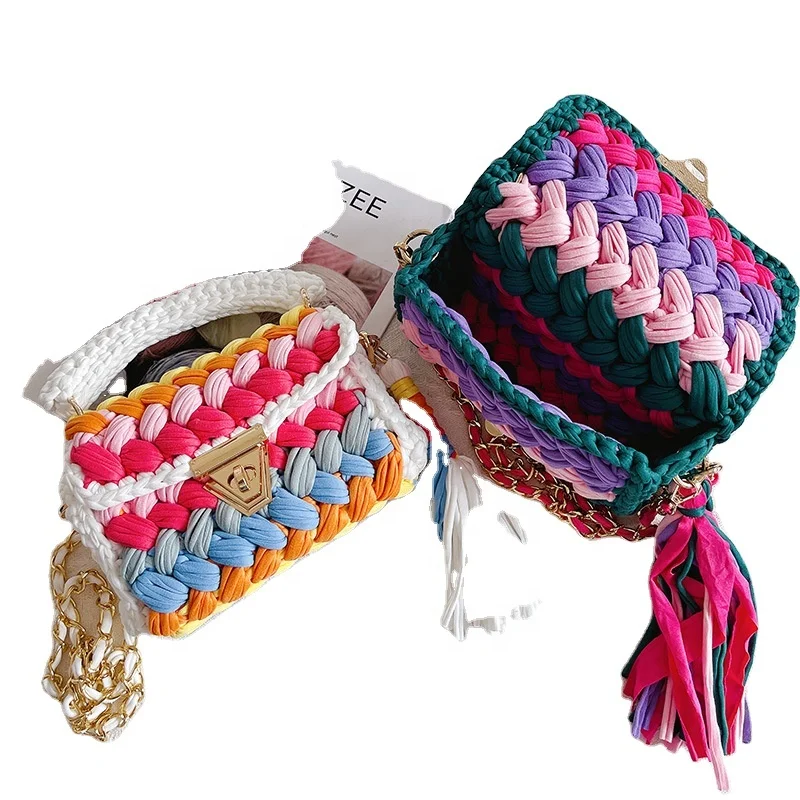 2023 Bohemian Crochet Women Shoulder Bags Knitting Tote Bag With Chain Casual Lady Handbags Big Shopper Purses Summer Beach Bags