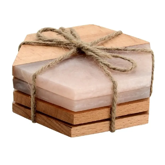 
Dinnerware New Design Hot selling Marble and Acacia Wood Hexagon Coaster Set 
