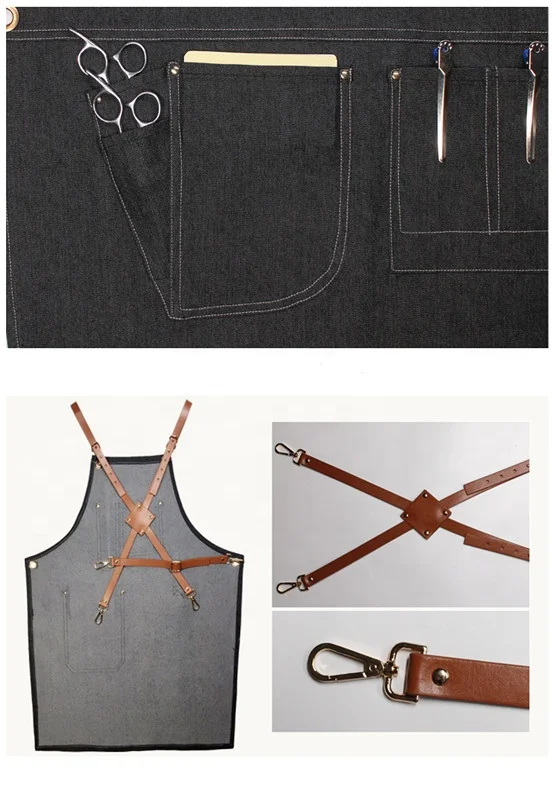 High Quality Chef Kitchen Denim Apron With Custom Logo And leather Strap Barber Apron