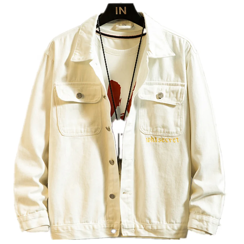 COTTON High Quality Mens Bomber Joker White Printed and Embroidered Denim Jacket Long Sleeve