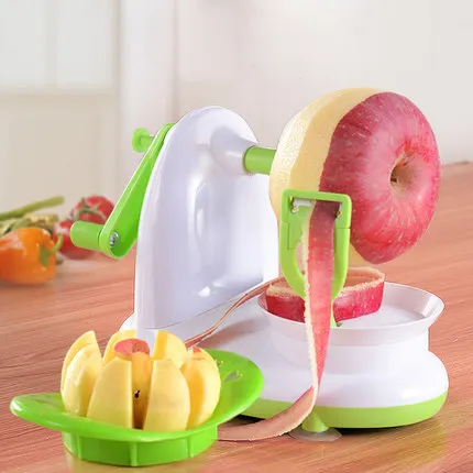 Wholesale red 3 in 1 manual kitchen stainless steel apple slicer core cutting machine peeler