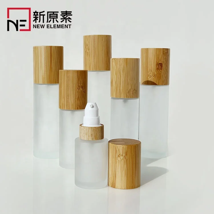 cylinder 30ml 50ml 60ml 80ml 100ml 120ml frosted perfume cream lotion serum glass lotion pump bottle with bamboo lid