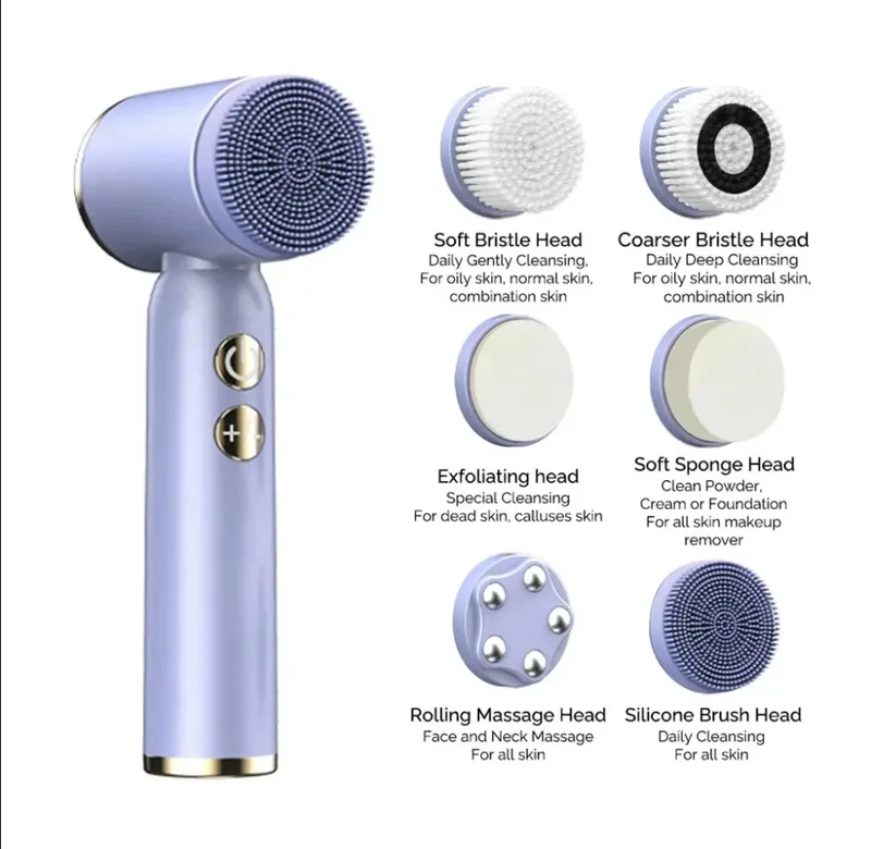 Hot Sell Facial Cleaning Brush Waterproof Pore Cleanser Spin Roller Sonic Massager Silicone Electric Face Brush Cleanser 6 in 1