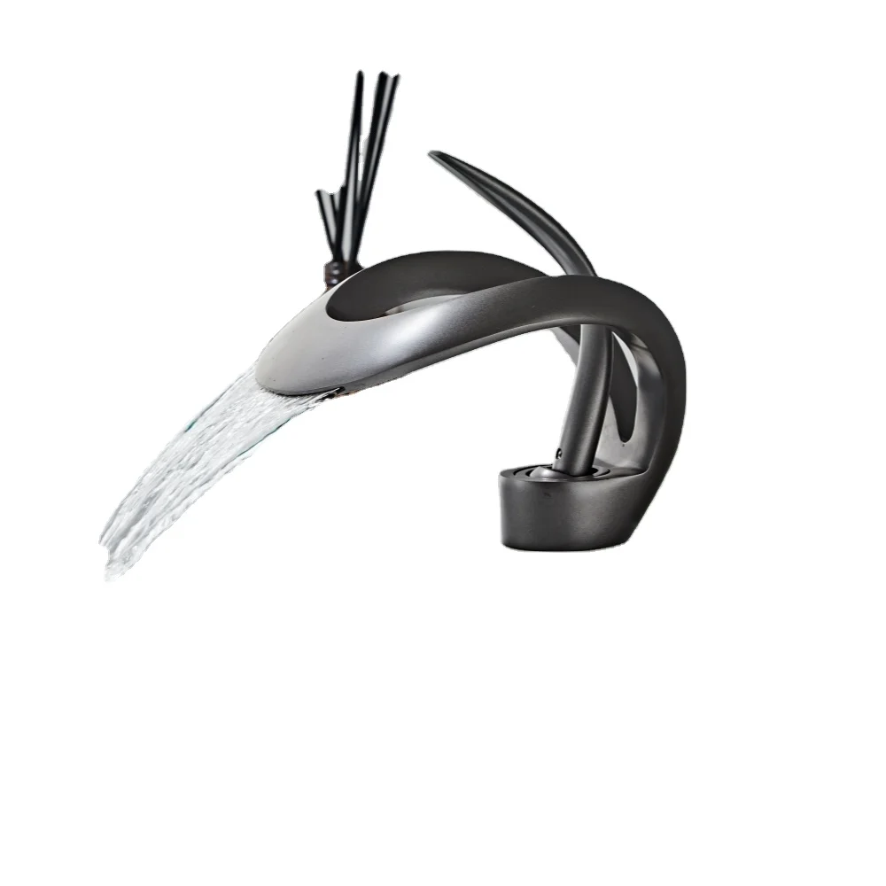 New Design Art Gun Grey Bathroom Single Handle Waterfall Faucet Solid Brass Basin Mixer Creative Hollowed Out Sink Water Tap