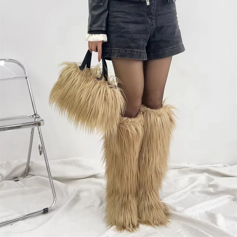 Factory Direct Wholesale fashion women thigh high boots lady furry boots shoes and bags set for ladies