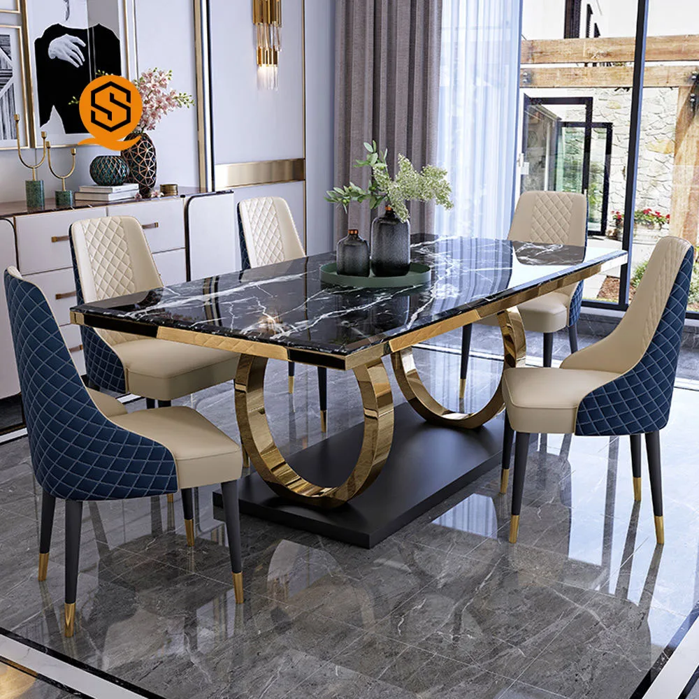 Morden luxury furniture marble stainless steels Kitchen Table Chair full set Extendable Home Use Restaurant Dining table