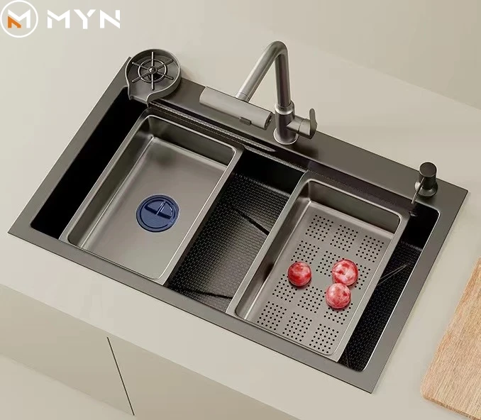 New Trend Nano SUS 304 Upgraded Honeycomb Pattern Above Counter  Under Counter Farmhouse Ceramic Waterfall  Faucet Kitchen Sink