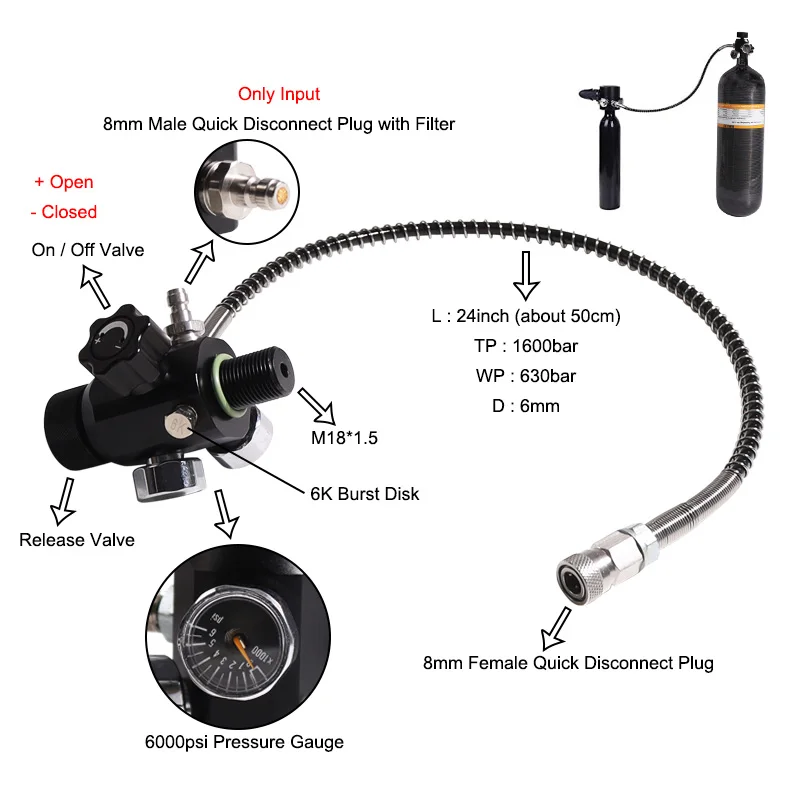 Hot sale New M18*1.5 Paintball Fill Station Paintball pcp air  Tank Charging Valve Dual Gauge with 50cm Hose