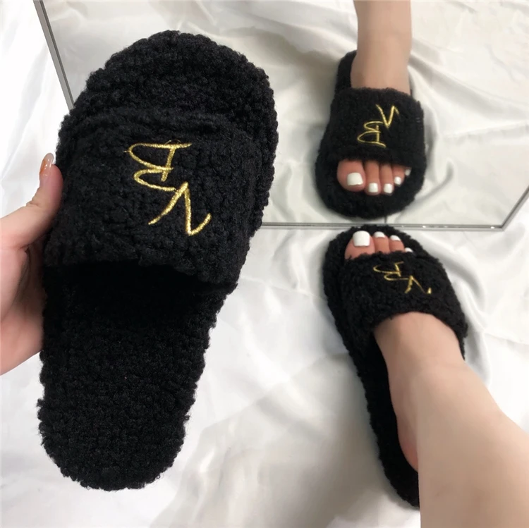 designer sandals Custom logo Bedroom Fuzzy Faux Fur Slipper Flat Fluffy Open Toe House Shoes Mint Furry customized womens slippers flip flops heel protection