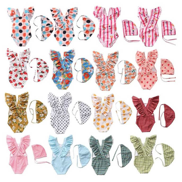 Цельная шапка для девочек детский купальник с оборками и перекрестными лямками купальный