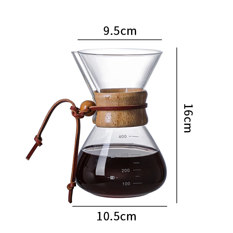 Hot sale Glass Coffee Filter Pot Maker Wooden Handle Protective Cover Pour Over Coffee Pot with Stainless Steel Coffee Drip