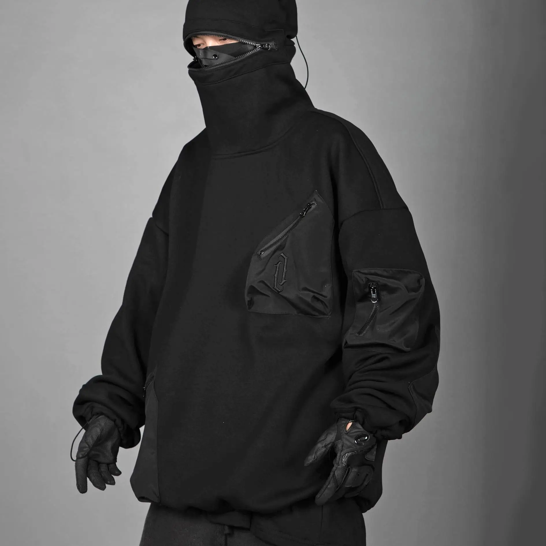 DOVEN OEM Custom Logo Design Full Face Cover Masked  Heavyweight Hoodie Color Block Sherpa Fleece Oversized Ninja Hoodies