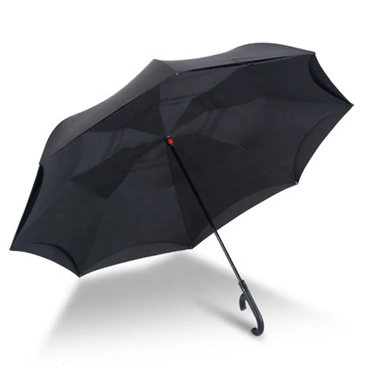 C Handle  Double Canopy Semi-automatic Polyester Reverse Straight Umbrella