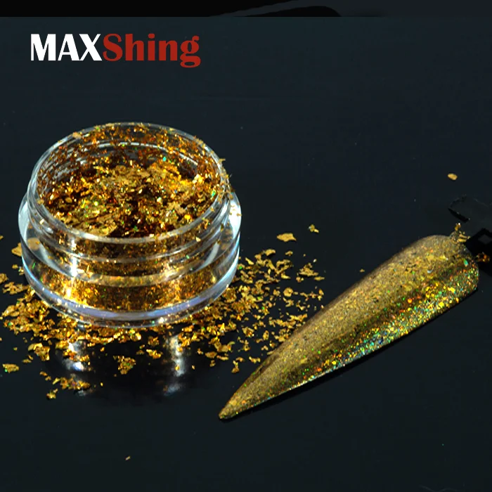 Голографический пигмент, Золотой/Серебряный порошок для ногтей, хлопья золотой фольги