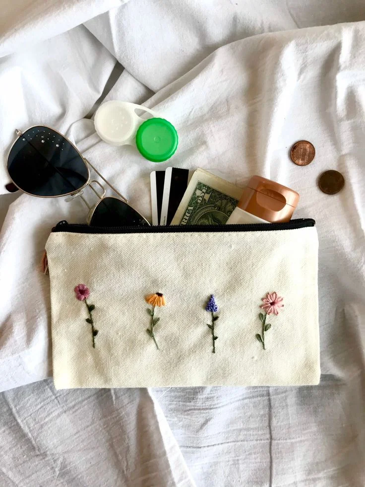 Wildflowers Hand Embroidered Canvas Pouch with Zipper Cosmetic Bag Pencil Case Wallet Toiletry Bag