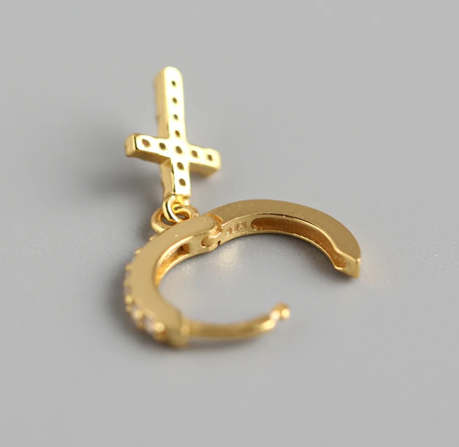 Wholesale 925 Sterling Silver Women Dainty Cross Hoop Earrings Gold Plated CZ Stone Diamond Pave Earrings Cross