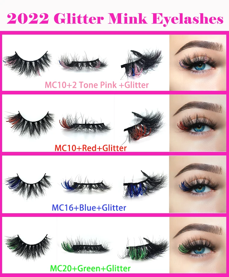Anforlin fluffy lashes 25mm wholesale colored eyelashes red glitter faux mink Russian d curl lash strip with color