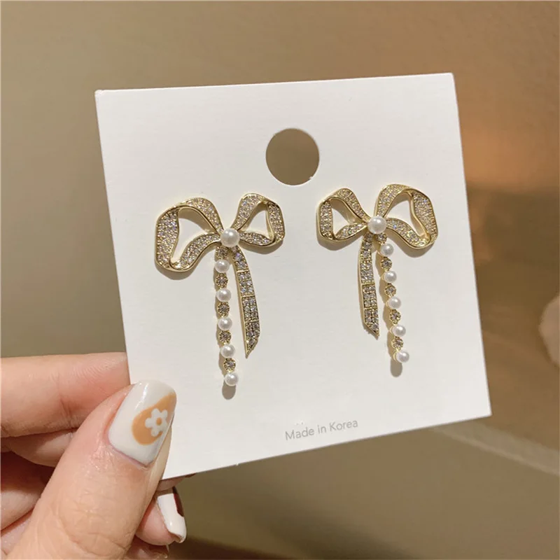925 silver needle earrings Diamond - encrusted bow Fashion elegant temperament ear stud for women