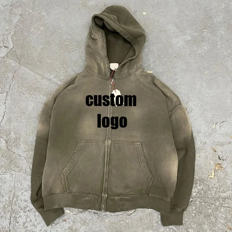 Streetwear Hoodie Cotton French Terry Acid Wash Vintage Custom Logo Oversized Stone Wash Sun Faded Distressed zipper Hoodies