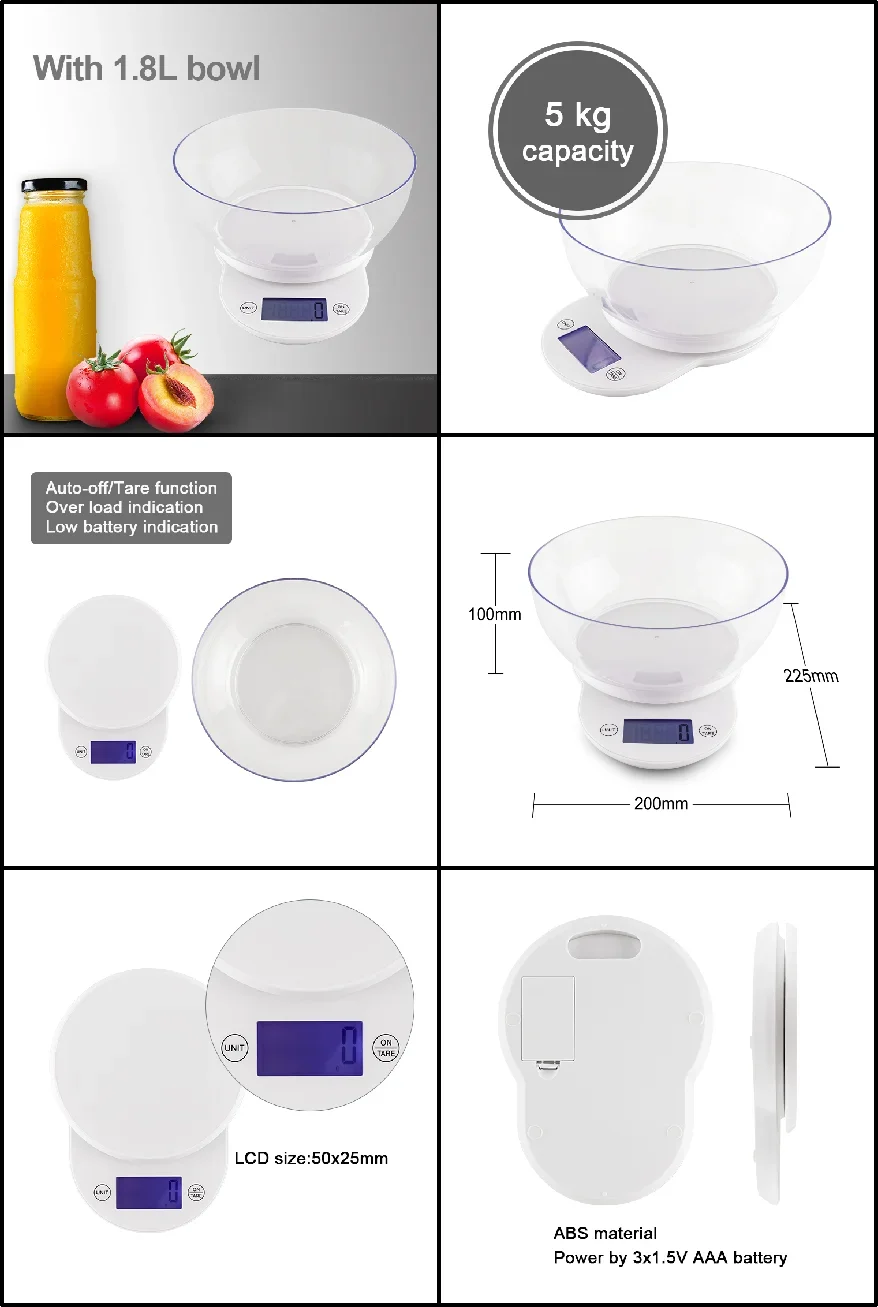 Hot selling Electronic Kitchen Scale with 1.8L bowl and LCD display Count down timer function