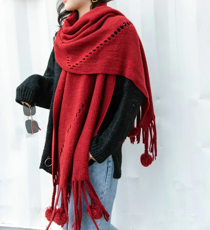 2021 New Style knitted Winter Pure Color Cashmere Pompom Tassel Acrylic shawl blanket Women Warm Scarf