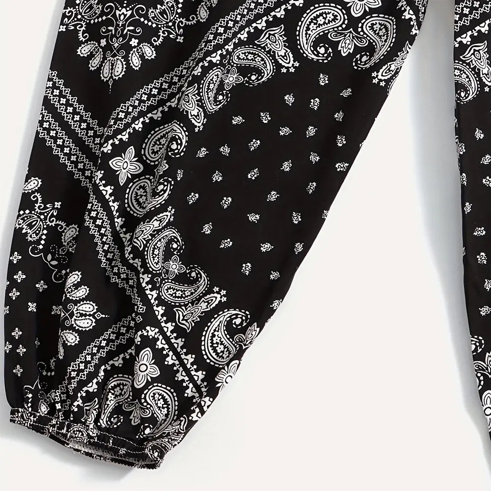 Customizable Summer Mosquito Pants for Girls Fine Flower Print in Black White Tropical Holiday Style Bell Bottom Pattern Camping