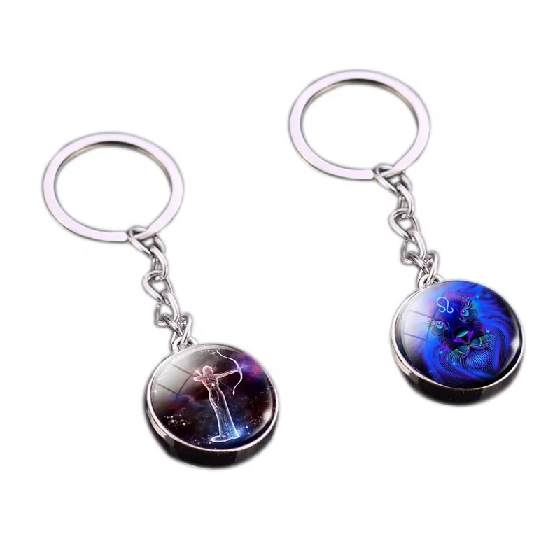 
12 Constellation Keyring Luminous Cabochon Glass Ball Zodiac Car Key Chain Jewelry 