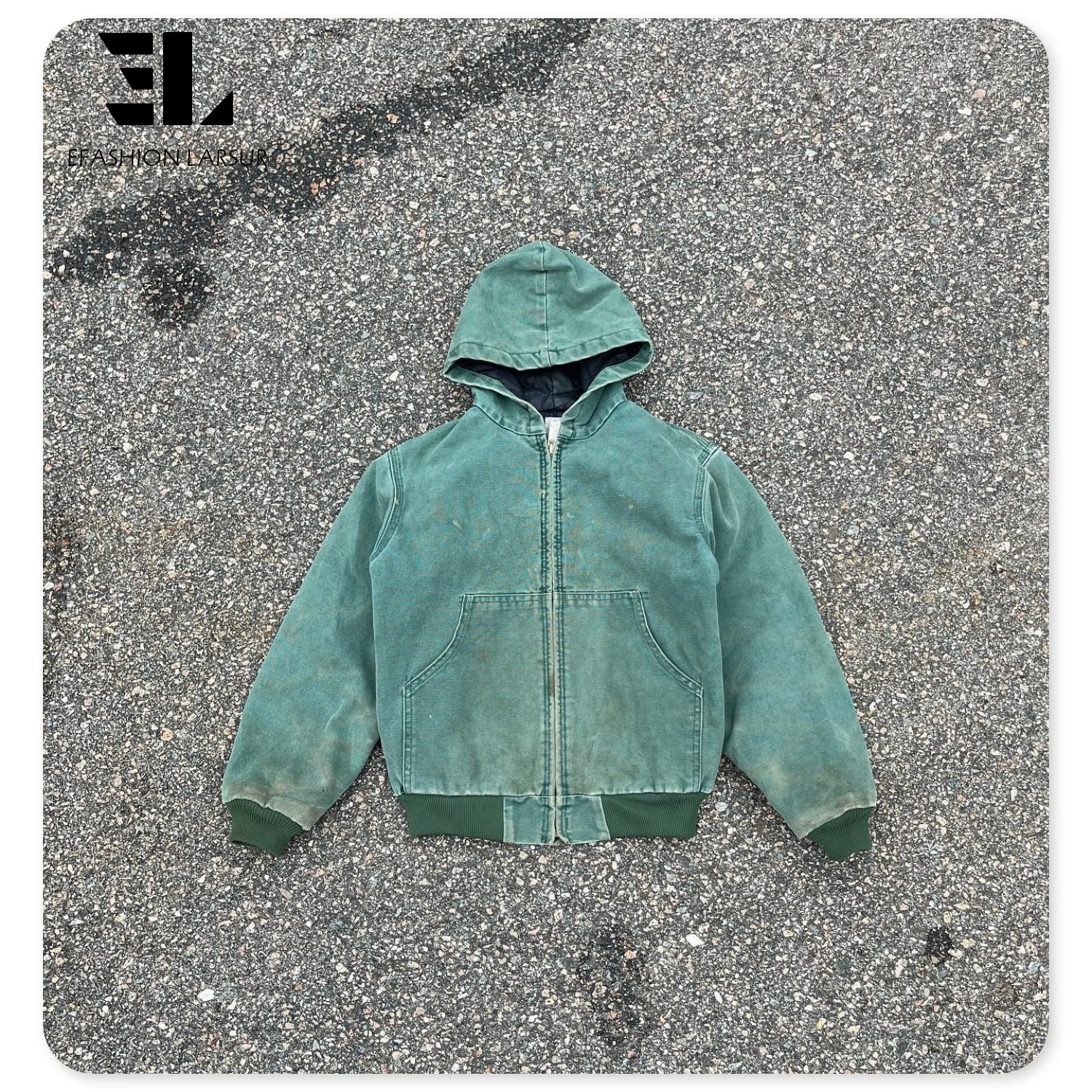 LARSUR Custom distress wash heavy duck canvas work jacket with lined vintage faded worker hooded jacket chore jacket coat hoodie