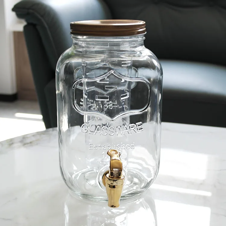 custom logo glass dispenser with metal stand and tap 4L 5L 8L mason jar glass beverage juice dispenser