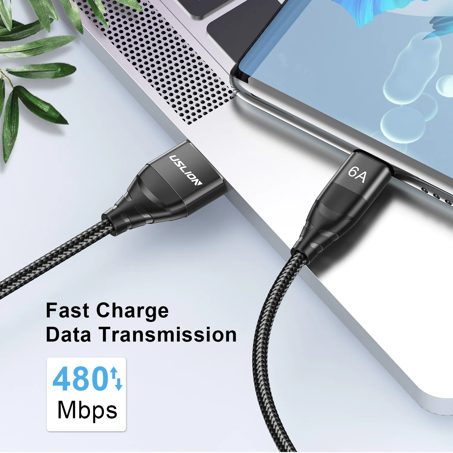 USB-кабель USLION 2 м 6 А 66 Вт Type-C быстрая зарядка для мобильного телефона 5 3 кабели передачи данных Micro USB Для Huawei