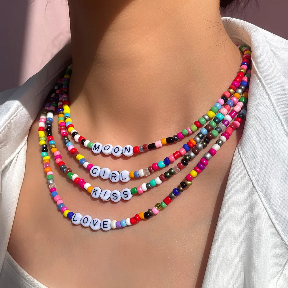 Stylish Lovely Colorful Acrylic Beaded Jewelry Creative Letters Clavicle Chain Necklace For Women