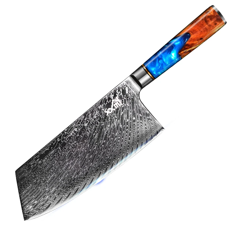 7 PCS Damascus Kitchen Knives Set 67 Layers Shadow Wood with Blue Resin Chef Knife SS316 SS410 100Cr15CoMov  HRC 60+-/2
