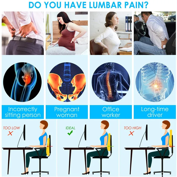 Lumbar Support Pillow for Office Chair Car Lumbar Pillow Lower Back Pain Relief Memory Foam Back Cushion with 3D Mesh Cover