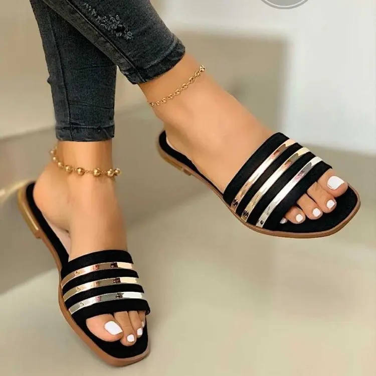 Wholesale Square Head Single Strap Metal Stripes Decoration Flat Bottom Non Slip Women Slippers Female Sandals Shoes