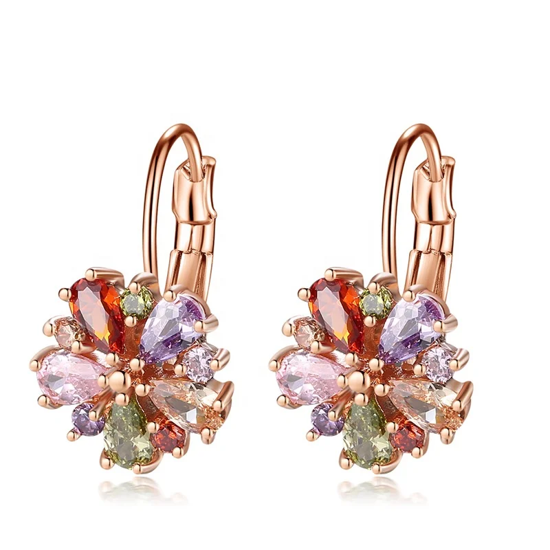 Luxury Bling Colorful Crystal Flower Charm Earrings Trendy Jewelry Rose Gold Plated CZ Bridal For Party