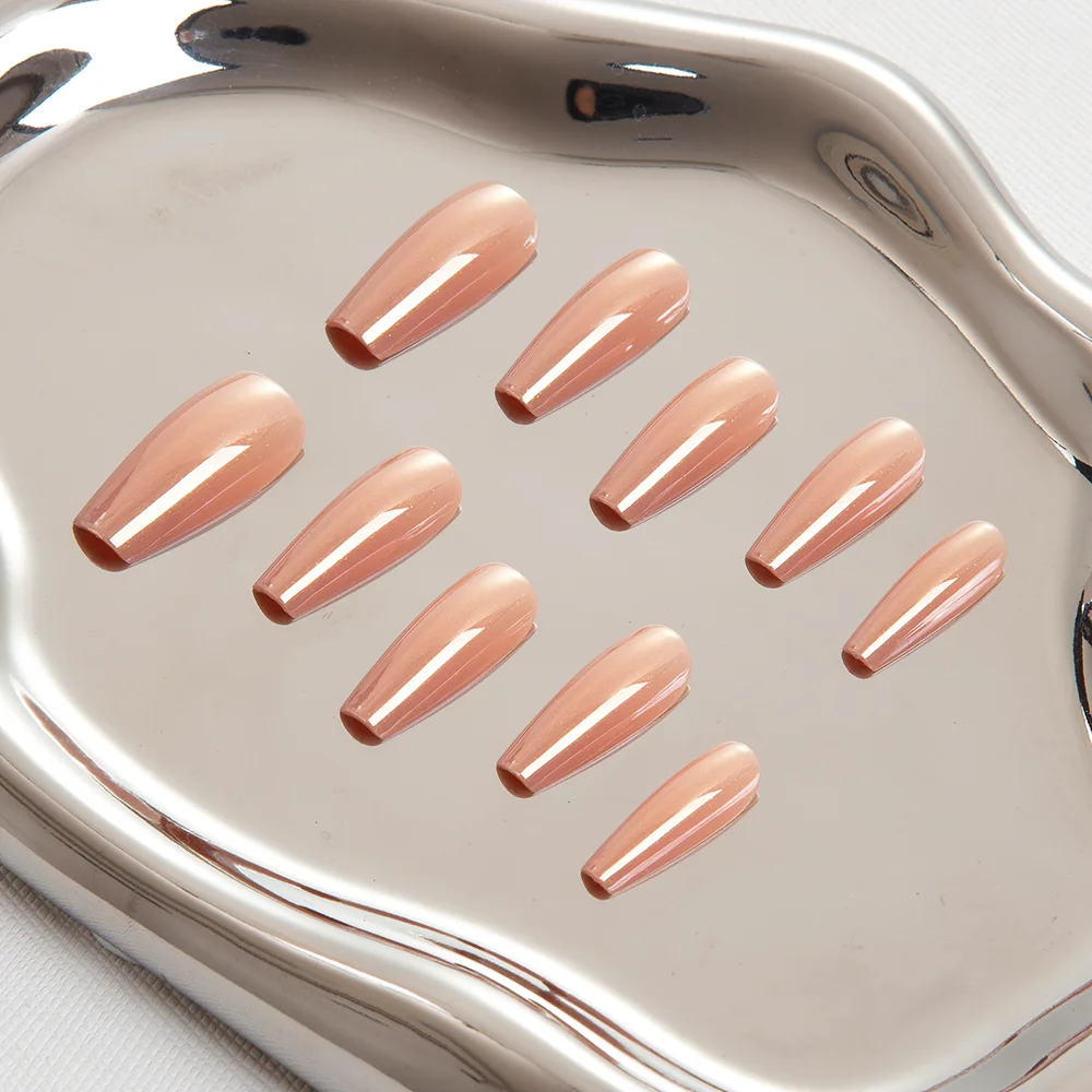 Wholesale Acrylic Chrome Nails Champagne Orange Shimmer Electroplating Long Coffin Press On Nails Artificial False Fingernails