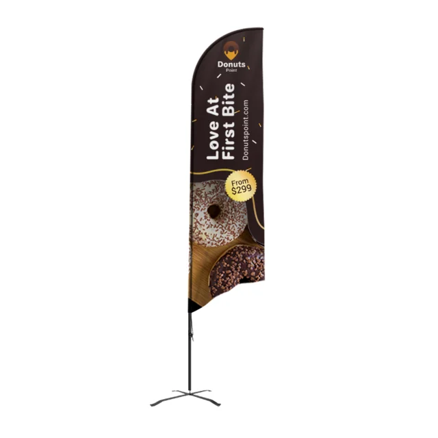 Delicious Donuts Swooper Flag Attractive Black Background Eye-Catching Display for Outdoor Marketing Custom Feather Flags